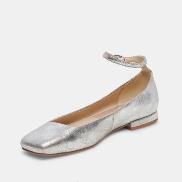 NEW DOLCE VITA Leather Ashya Ankle Strap Flats in silver for women 825 3j2 - Picture 6 of 11
